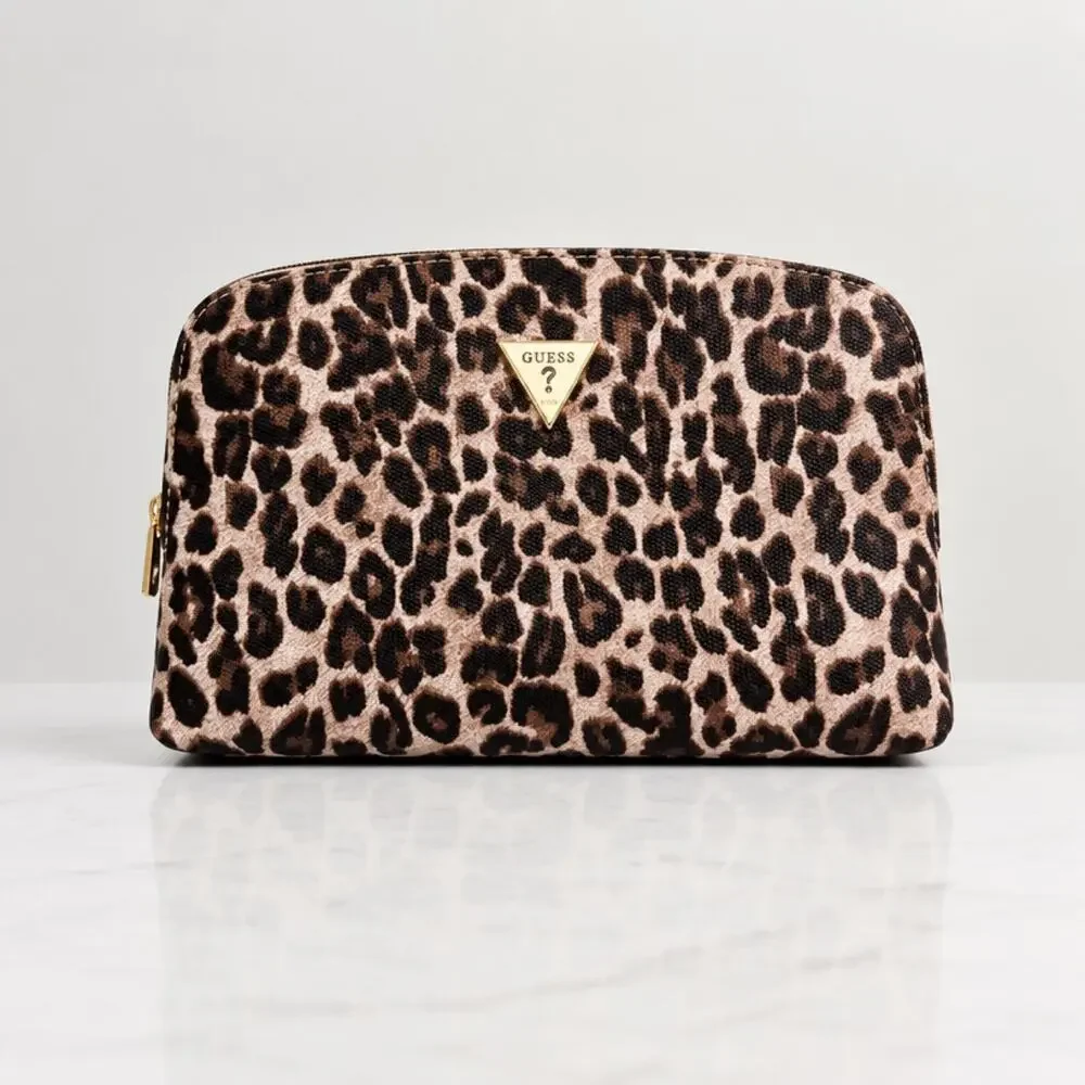 GUESS Travel Cosmetic Makeup Bag Brown Monogram Leopard Print Pouch